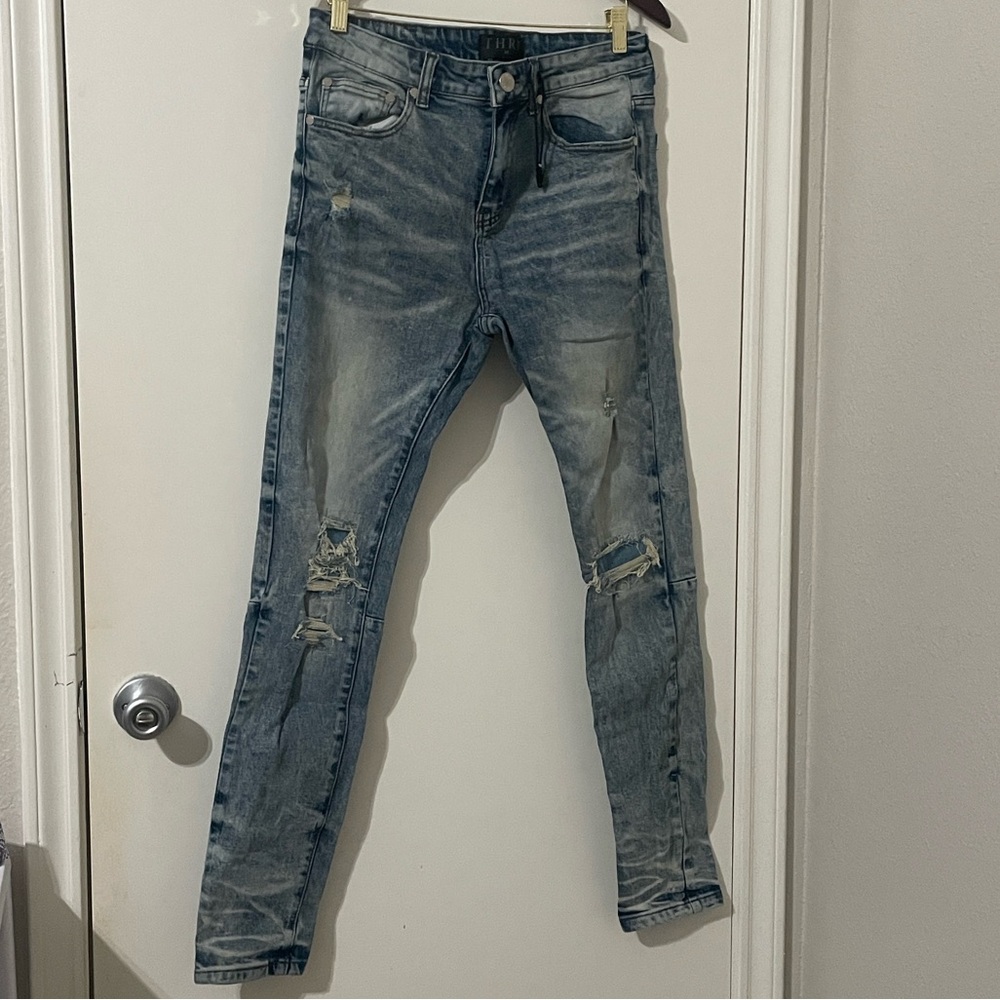 THRT Stylish Distressed Blue Skinny Jeans for Men Size 34